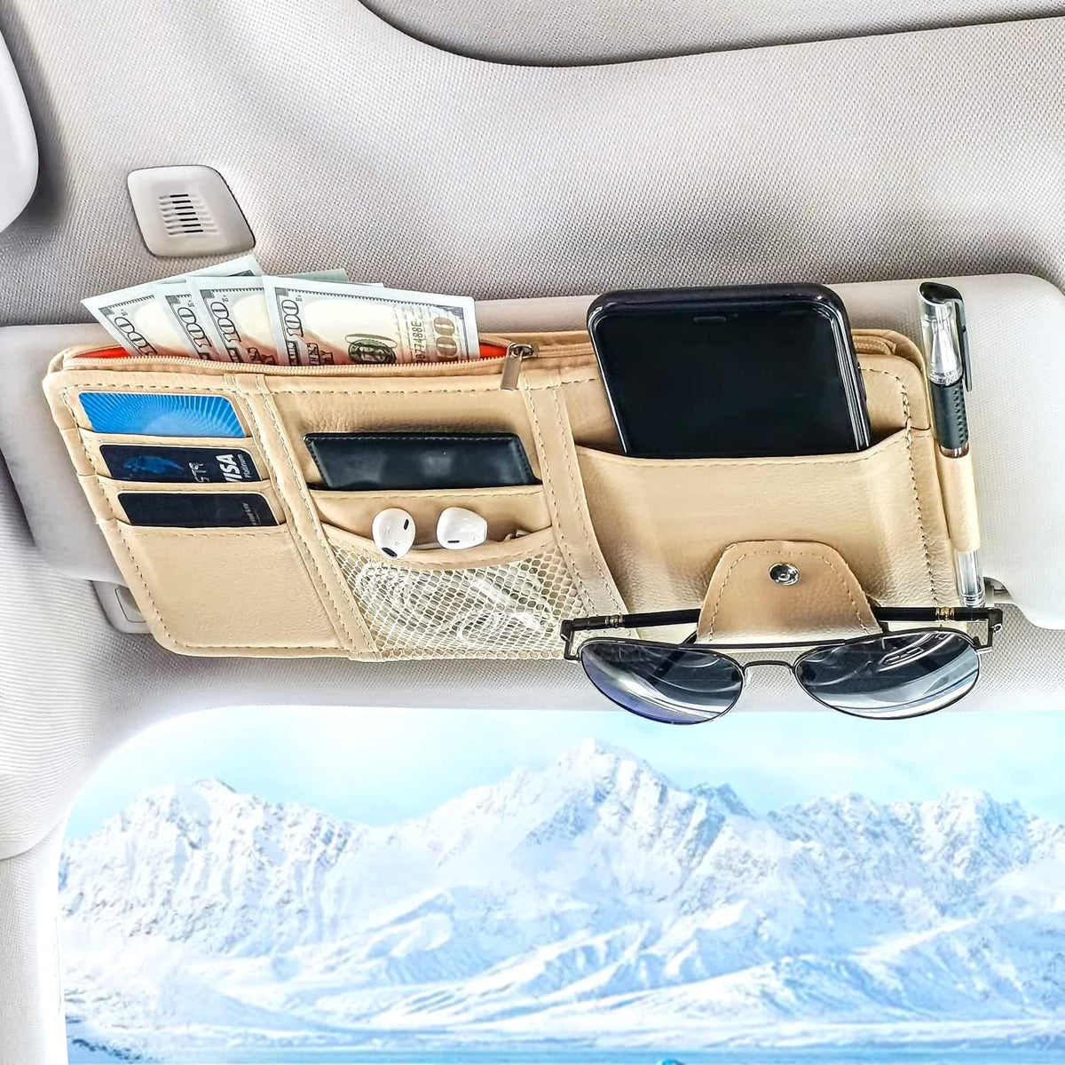 🕶️🚗Car Sun Visor Organizer-Leather Zippered Pouch for Personal Items