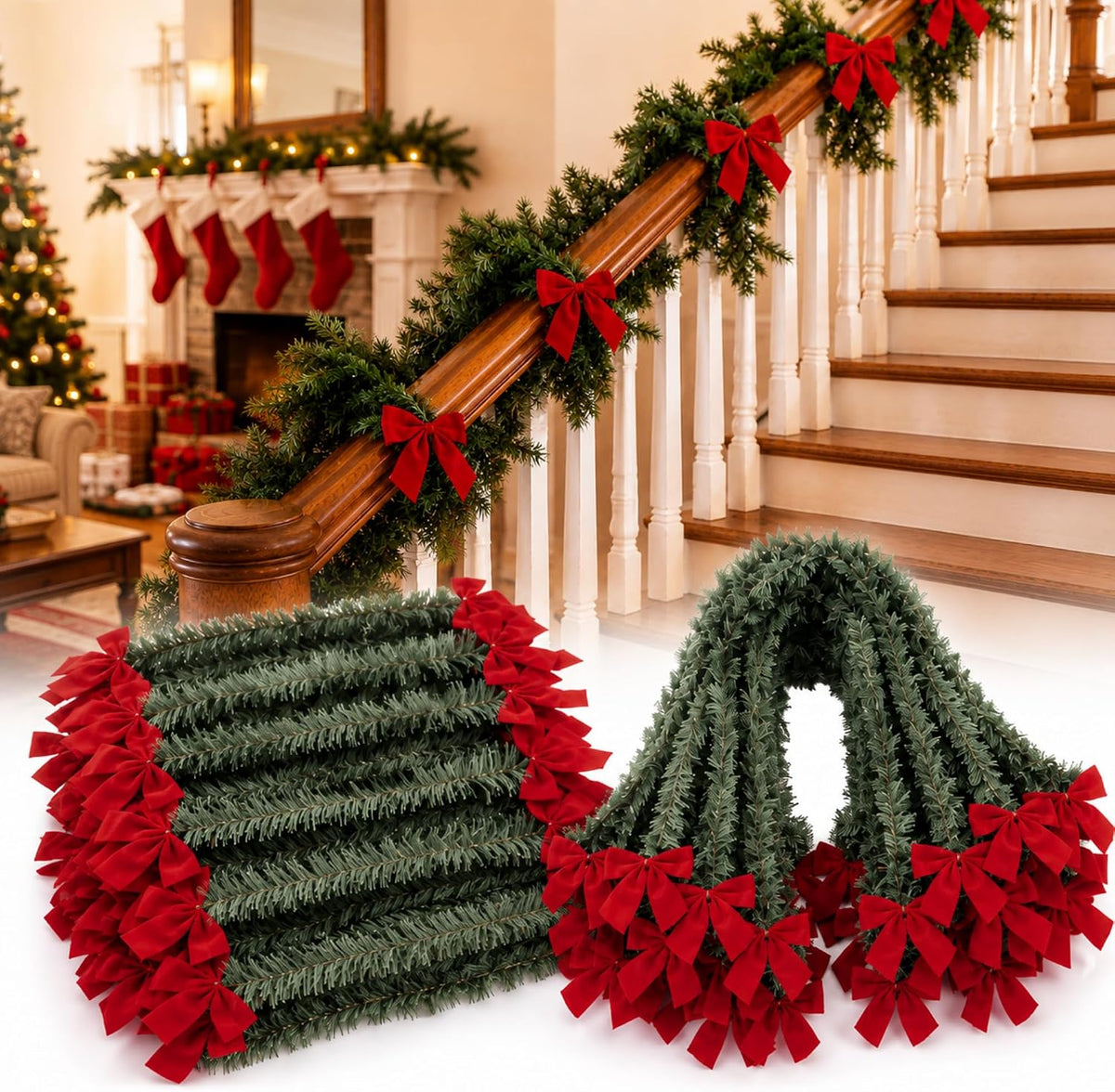 🎄30 Pcs Christmas Pine Garland with Red Velvet Bows