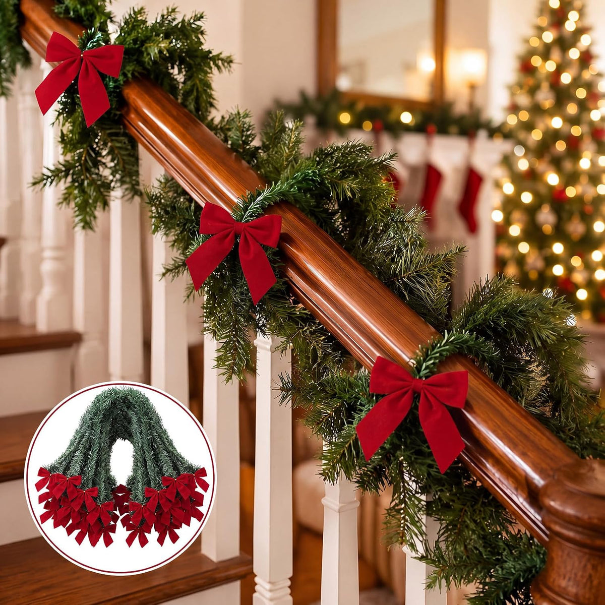 🎄30 Pcs Christmas Pine Garland with Red Velvet Bows