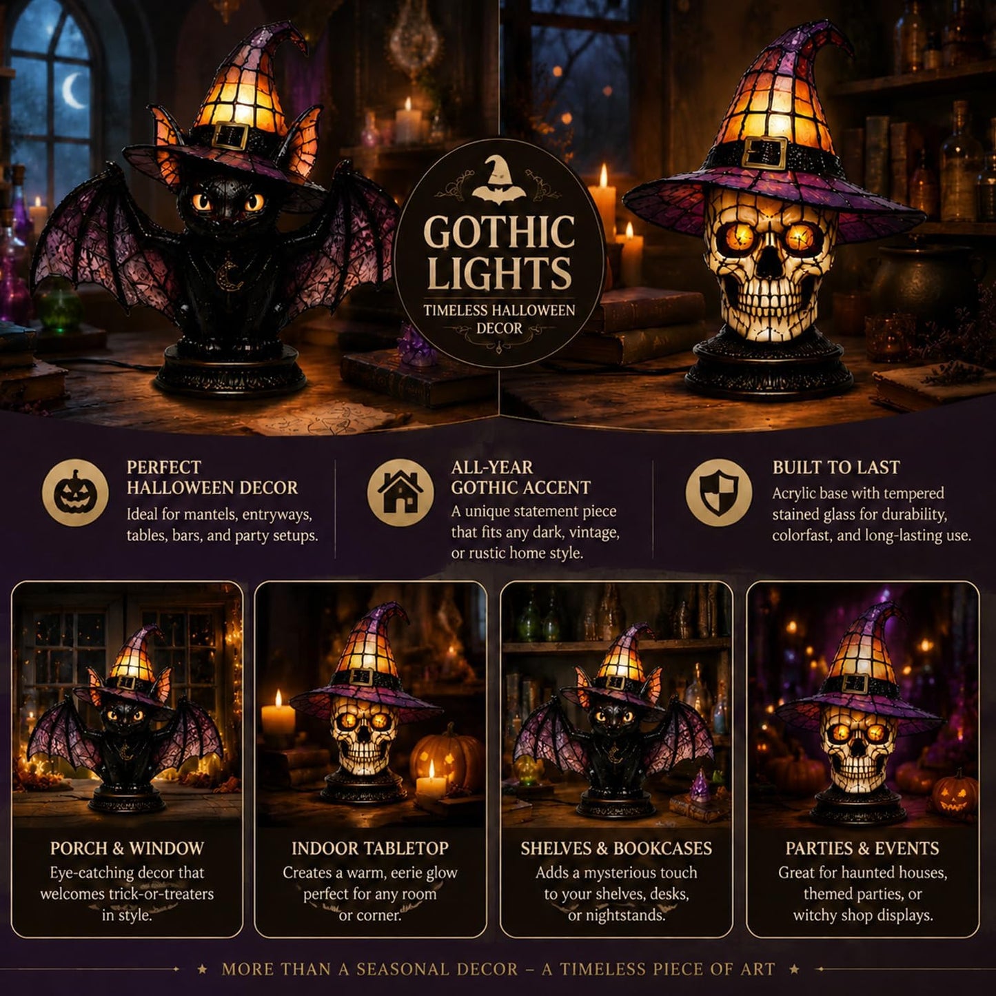 🔥Exclusive Limited Item 👍🔥50%OFF🐈🐱 Tiffany-Style Witch & Black Cat Table Lamp | Gothic Halloween Decorative Night Light