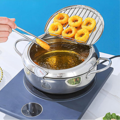 🔥🍤304 Stainless Steel Deep Frying Pot with Strainer Basket and Thermometer