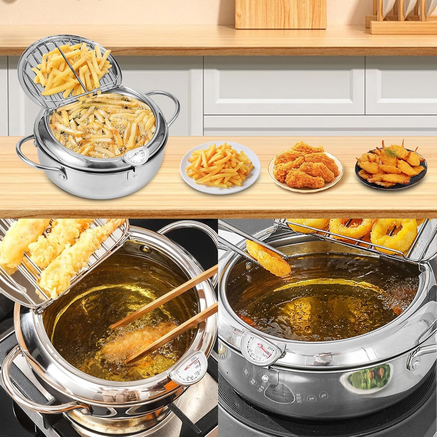 🔥🍤304 Stainless Steel Deep Frying Pot with Strainer Basket and Thermometer