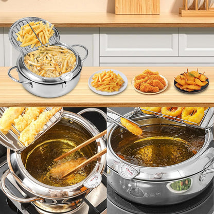 🔥🍤304 Stainless Steel Deep Frying Pot with Strainer Basket and Thermometer