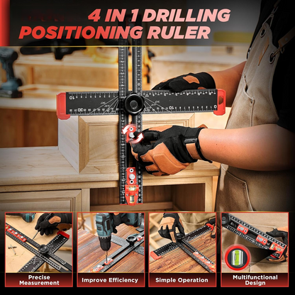 📏4‑in‑1 Drilling Positioning Ruler | All‑In‑One Woodworking Layout Tool