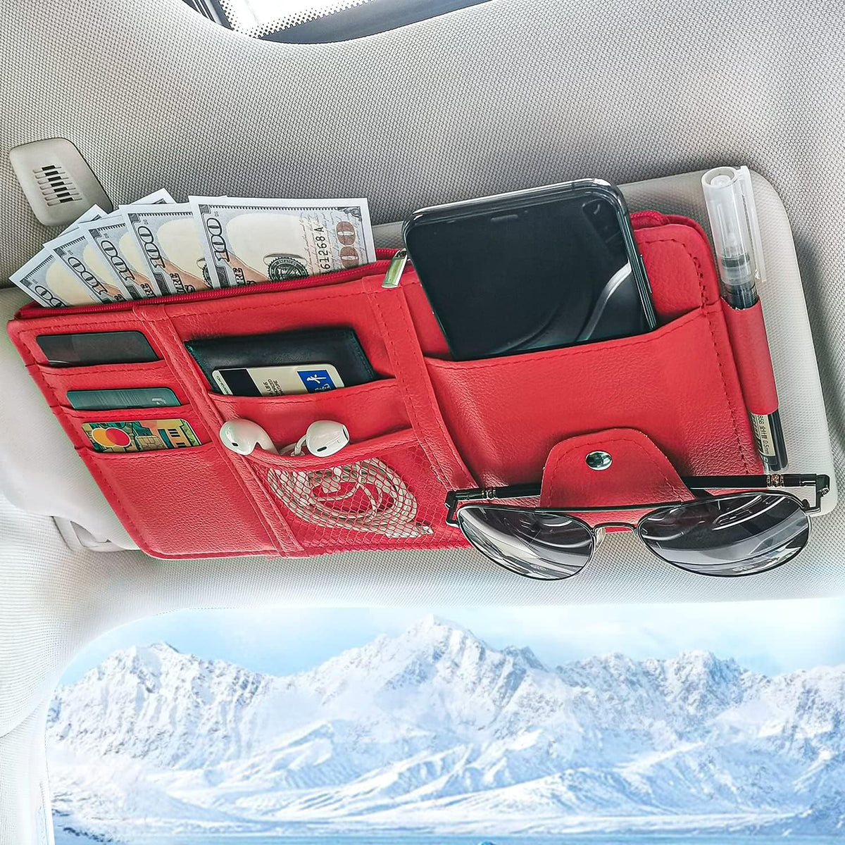 🕶️🚗Car Sun Visor Organizer-Leather Zippered Pouch for Personal Items