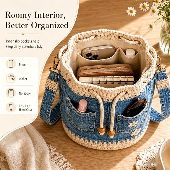✨👜Denim Crochet Bucket Bag