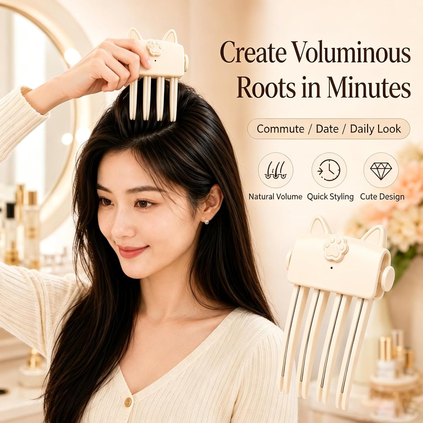 🐱 Cute Cat‑Ear Root Volume Heating Comb