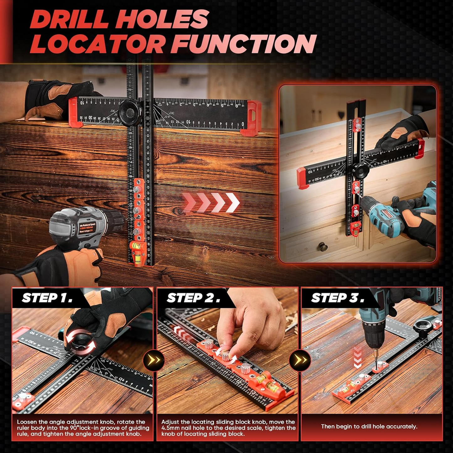📏4‑in‑1 Drilling Positioning Ruler | All‑In‑One Woodworking Layout Tool