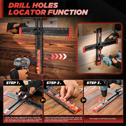 📏4‑in‑1 Drilling Positioning Ruler | All‑In‑One Woodworking Layout Tool