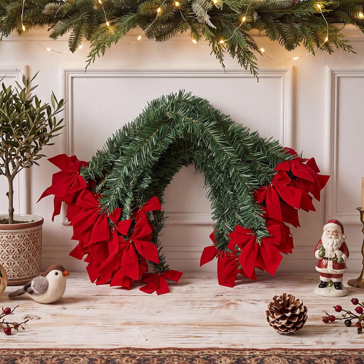 🎄30 Pcs Christmas Pine Garland with Red Velvet Bows