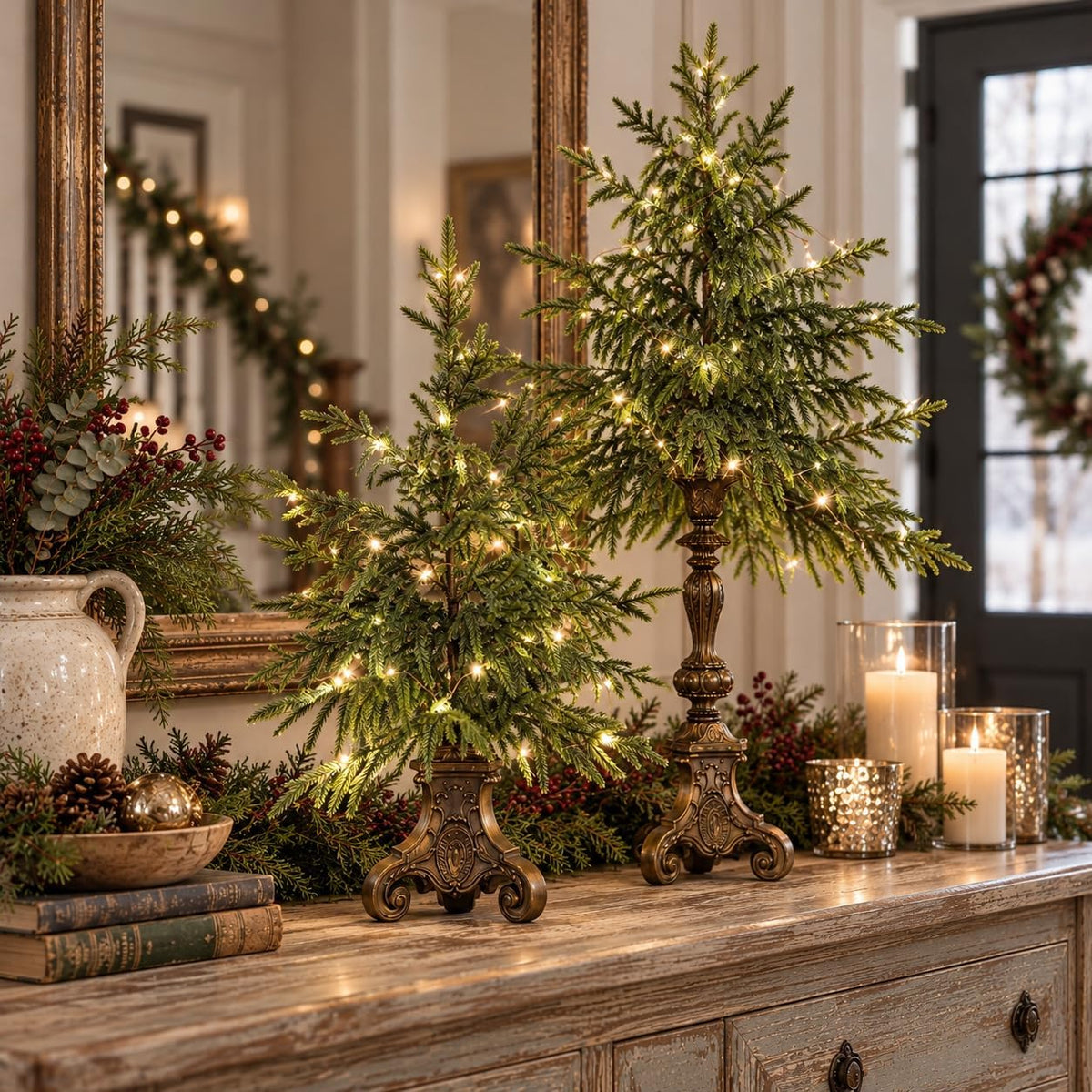 🎄Vintage Lighted Norfolk Pine Trees with Vintage Pedestal