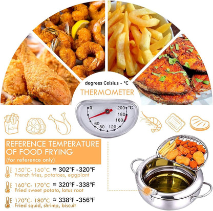 🔥🍤304 Stainless Steel Deep Frying Pot with Strainer Basket and Thermometer