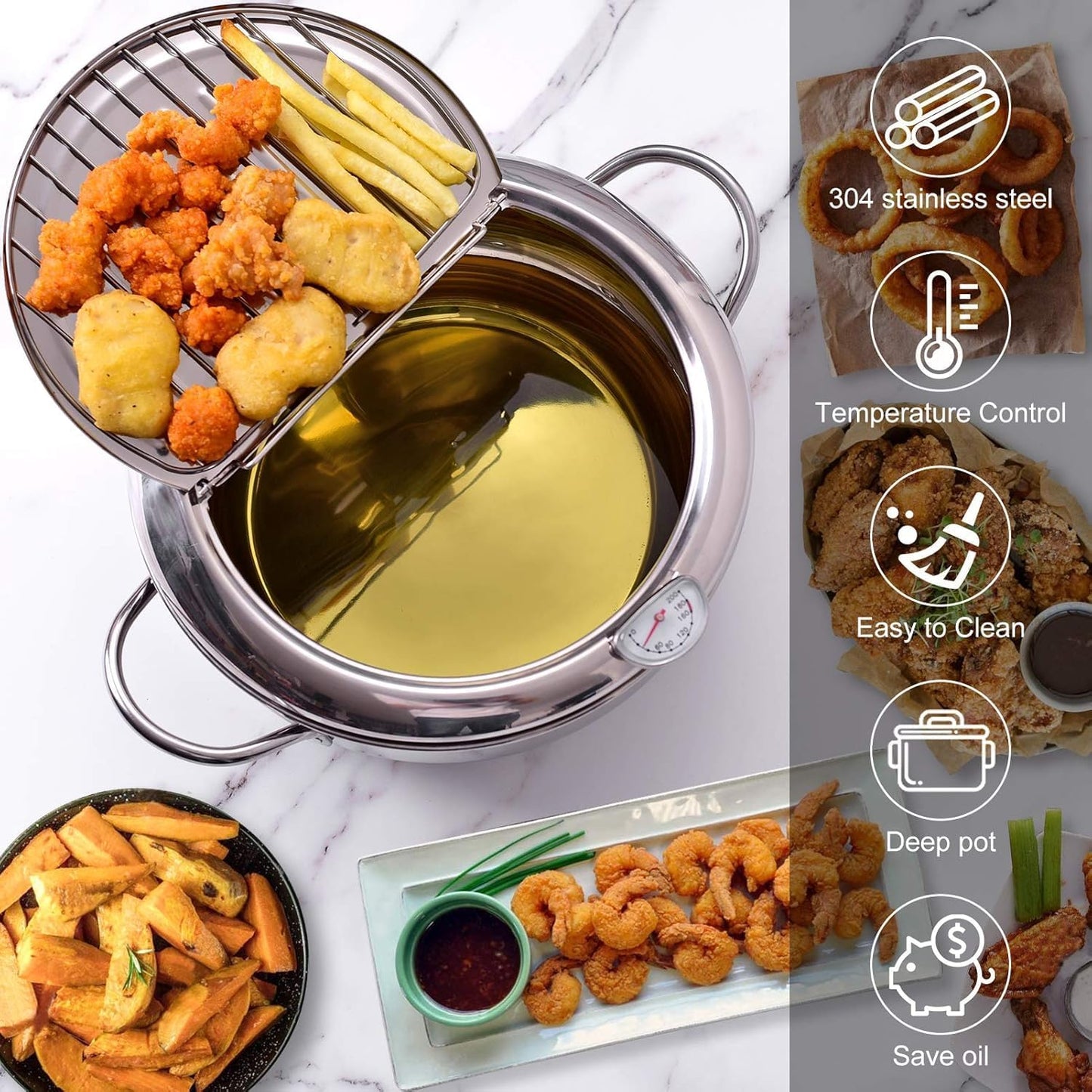 🔥🍤304 Stainless Steel Deep Frying Pot with Strainer Basket and Thermometer