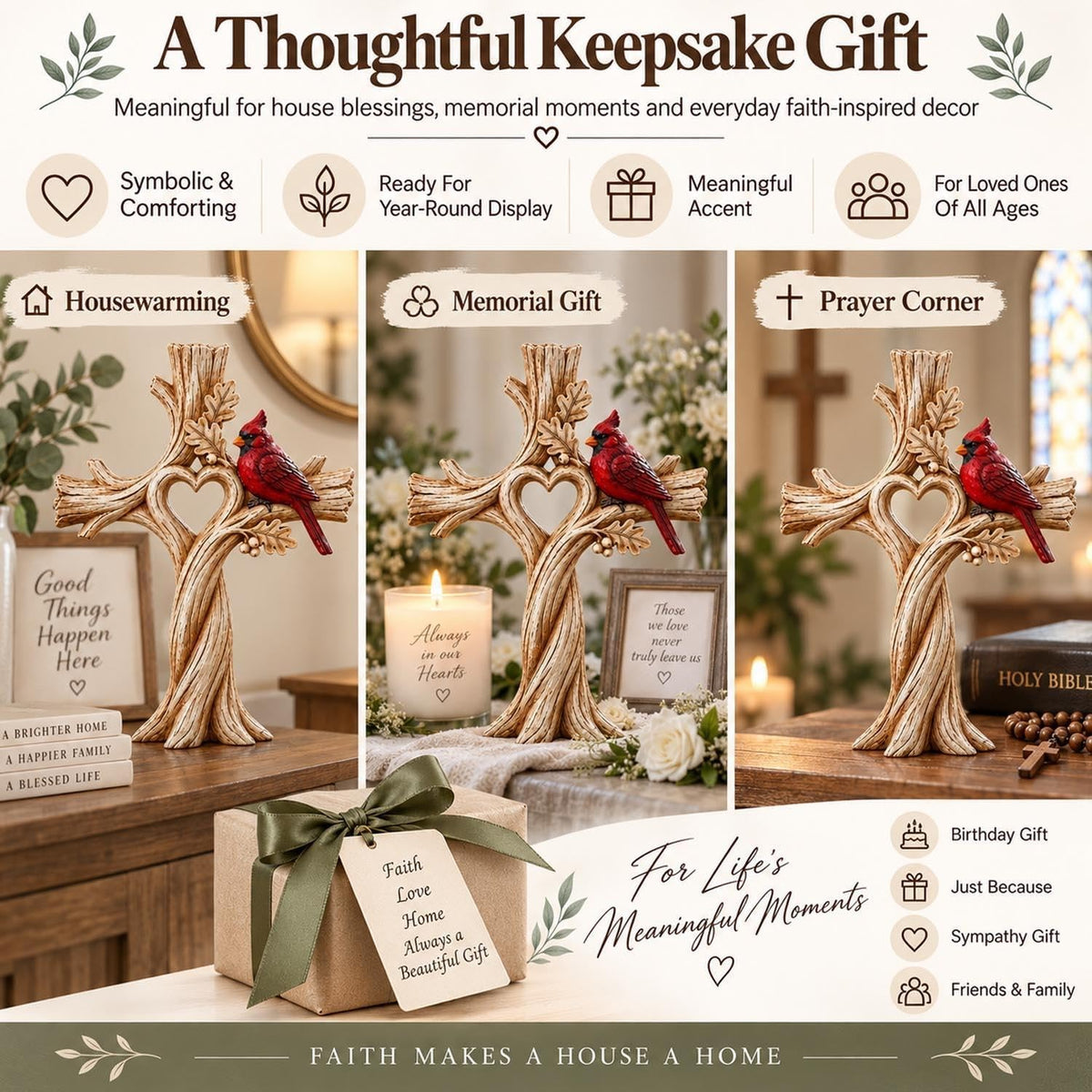 Cardinal Heart Tree Cross – Hand-Carved Solid Wood Decor Memorial Stake