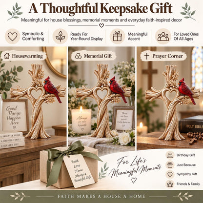 Cardinal Heart Tree Cross – Hand-Carved Solid Wood Decor Memorial Stake