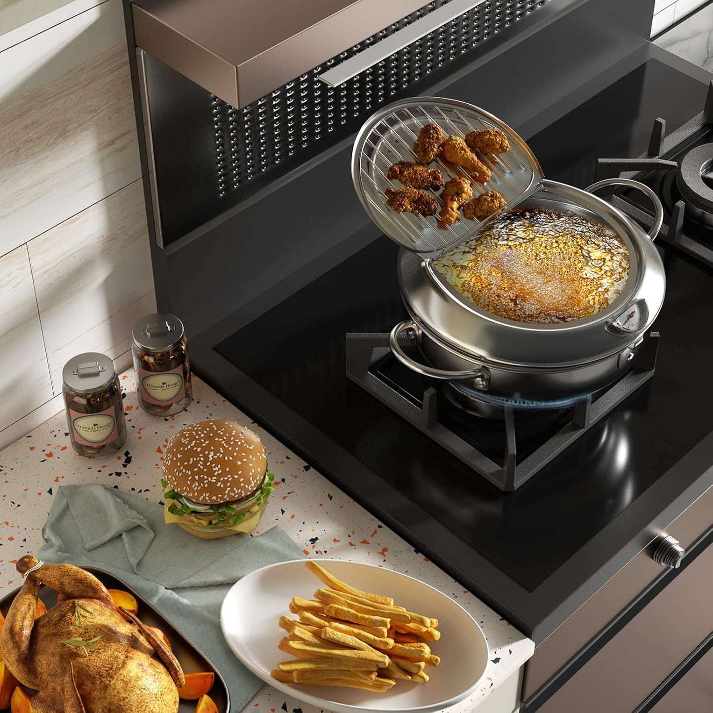 🔥🍤304 Stainless Steel Deep Frying Pot with Strainer Basket and Thermometer