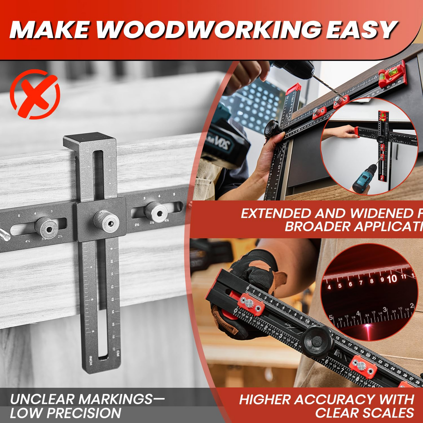 📏4‑in‑1 Drilling Positioning Ruler | All‑In‑One Woodworking Layout Tool