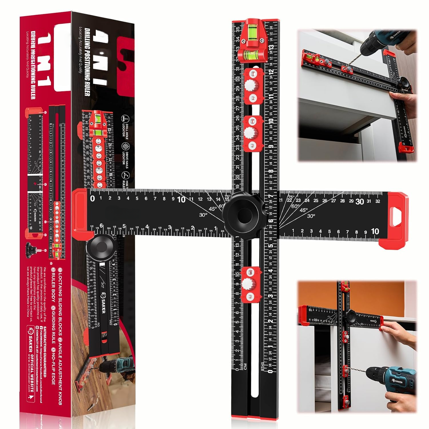 📏4‑in‑1 Drilling Positioning Ruler | All‑In‑One Woodworking Layout Tool