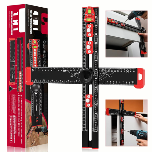 📏4‑in‑1 Drilling Positioning Ruler | All‑In‑One Woodworking Layout Tool