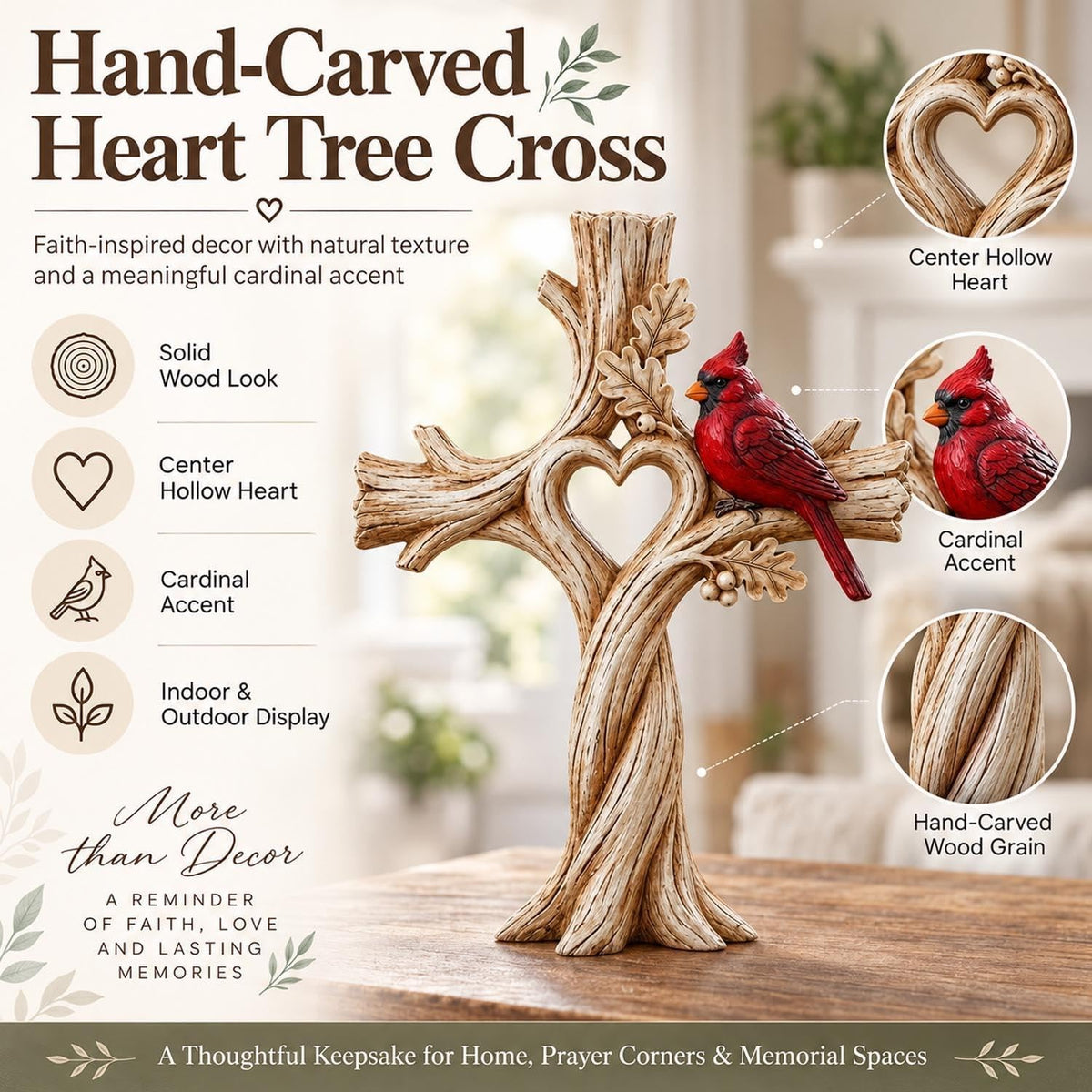Cardinal Heart Tree Cross – Hand-Carved Solid Wood Decor Memorial Stake