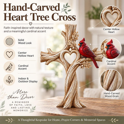 Cardinal Heart Tree Cross – Hand-Carved Solid Wood Decor Memorial Stake