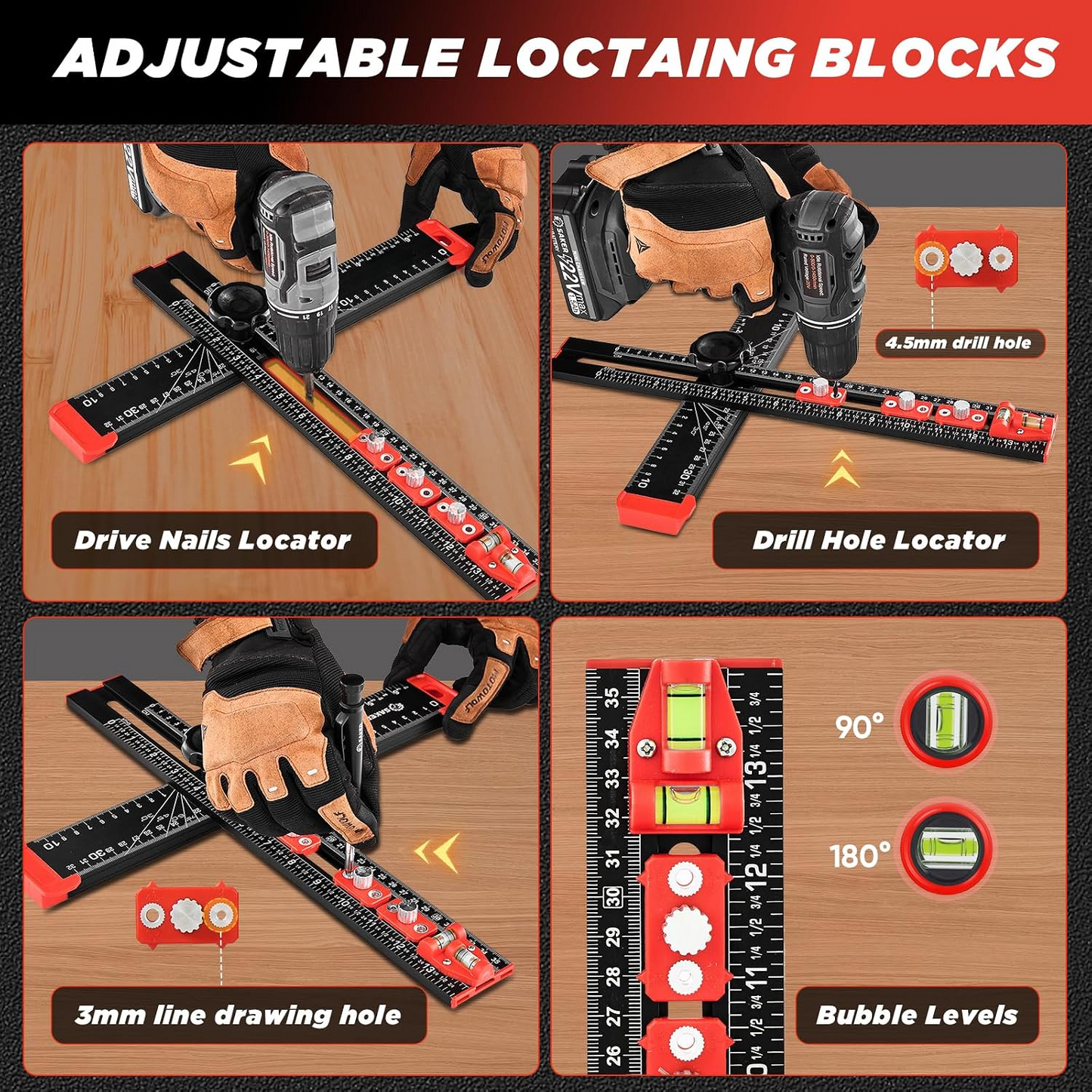 📏4‑in‑1 Drilling Positioning Ruler | All‑In‑One Woodworking Layout Tool