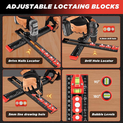 📏4‑in‑1 Drilling Positioning Ruler | All‑In‑One Woodworking Layout Tool