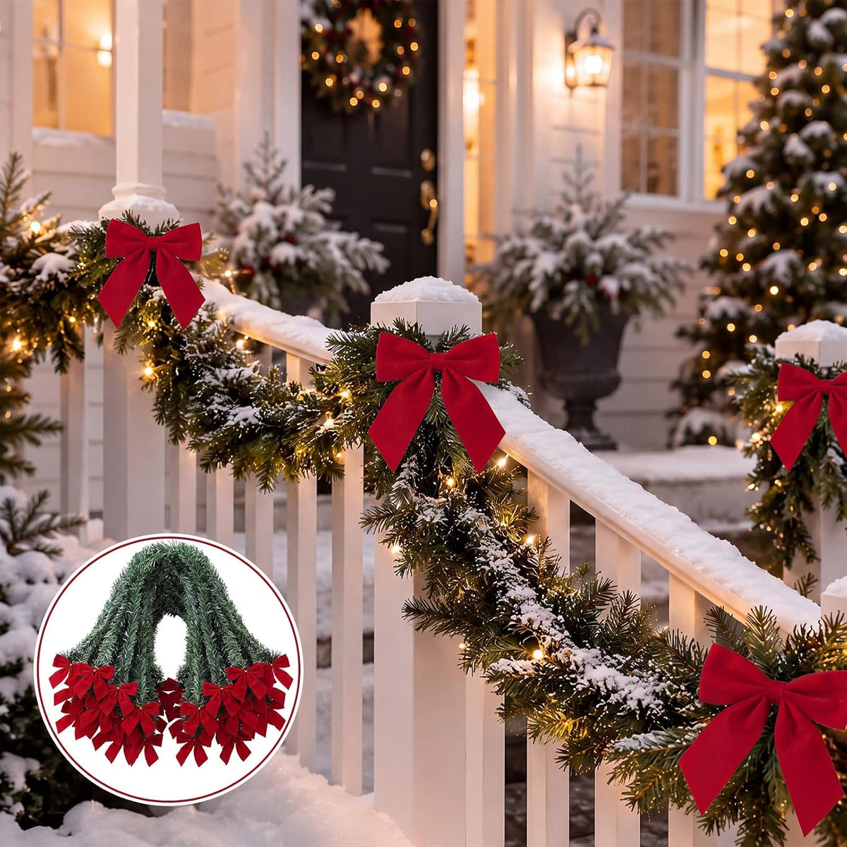 🎄30 Pcs Christmas Pine Garland with Red Velvet Bows