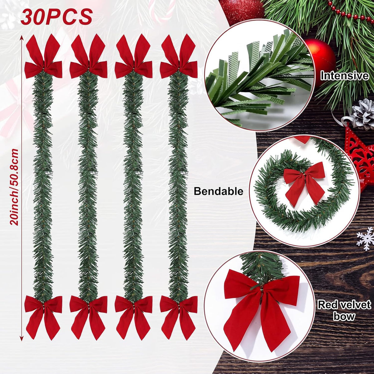 🎄30 Pcs Christmas Pine Garland with Red Velvet Bows