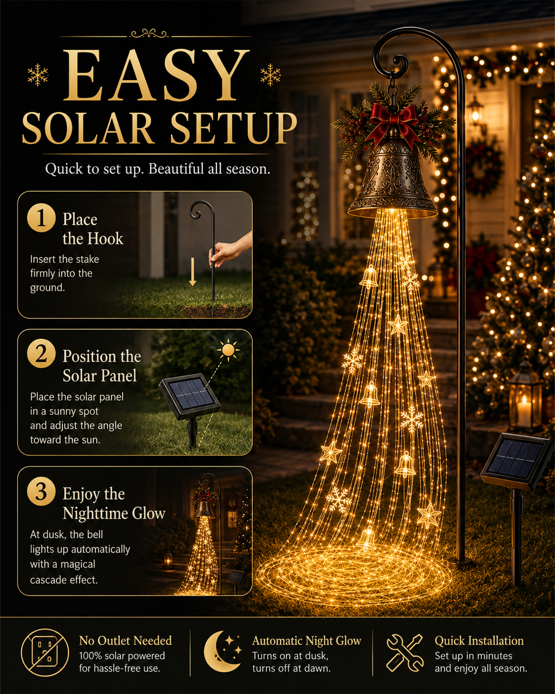 🎄✨ Christmas Bell Cascade Solar Yard Lights – Magical Holiday Glow!