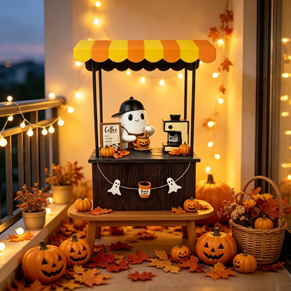 🎃 Cute Ghost Coffee Stand Figurine – Resin Halloweena Tabletop Decor with Mini Barista Bar, Perfect Fall Gift