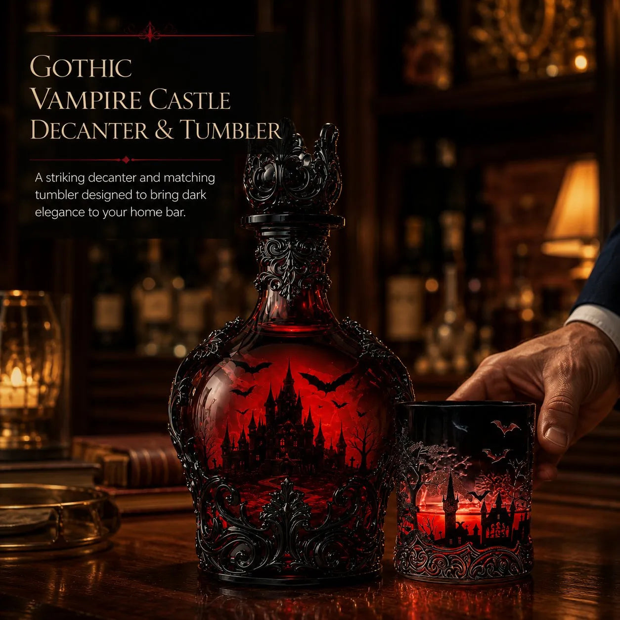 🦇 Gothic Vampire Castle Decanter & Tumbler – Dark Elegance Barware for Whisky Lovers