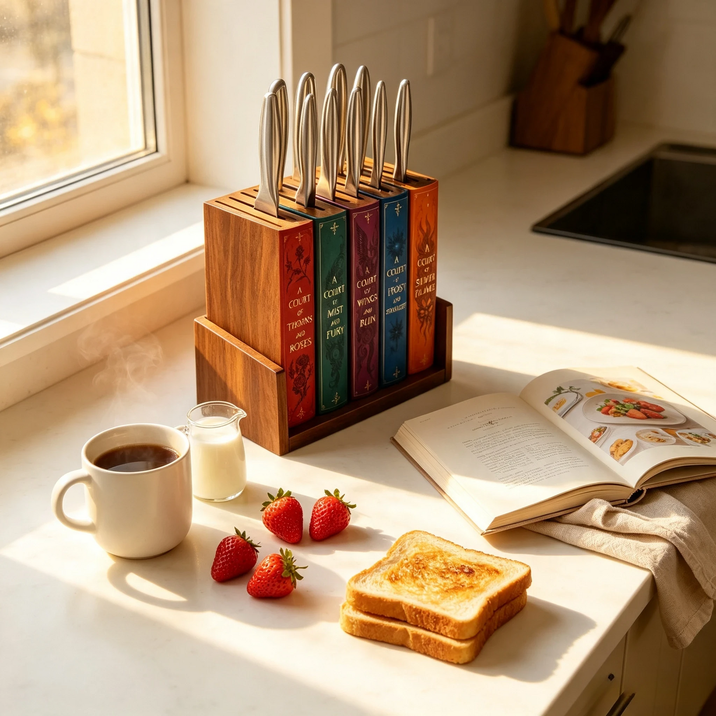 📚 Storybook Wooden Knife Block – Decorative Book Spine Kitchen Holder for 5 Knives