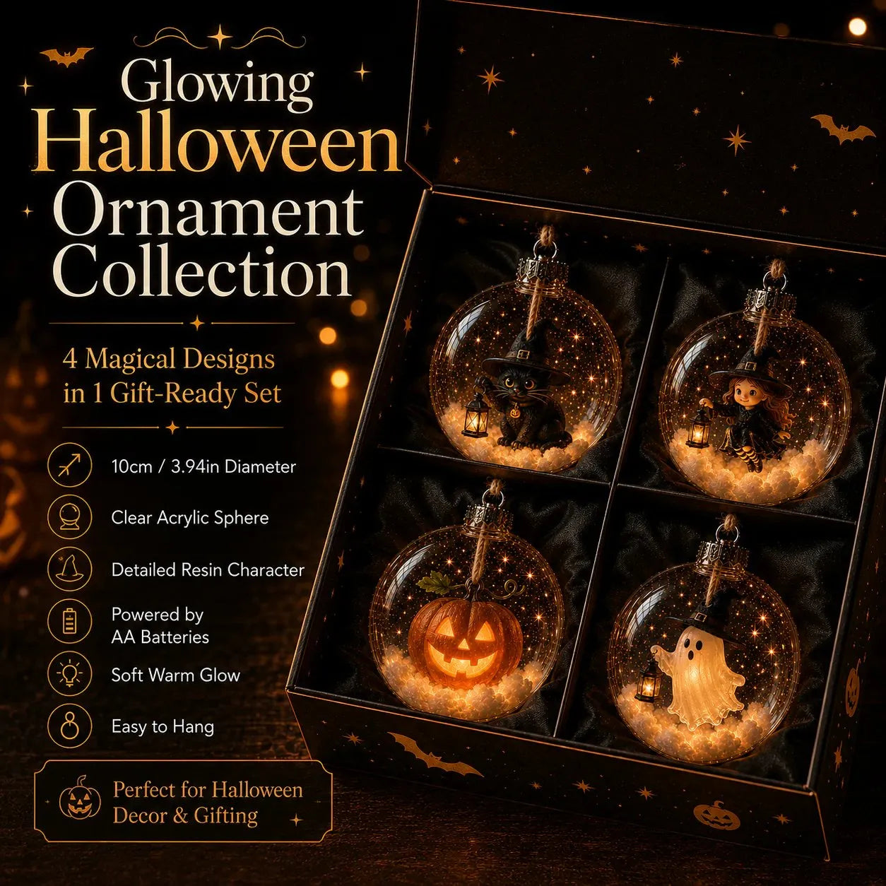 ✨ Glowing Halloween Bauble – 7 Cute Designs to Choose, Light-Up Acrylic Ornament with Soft Warm LED Glow