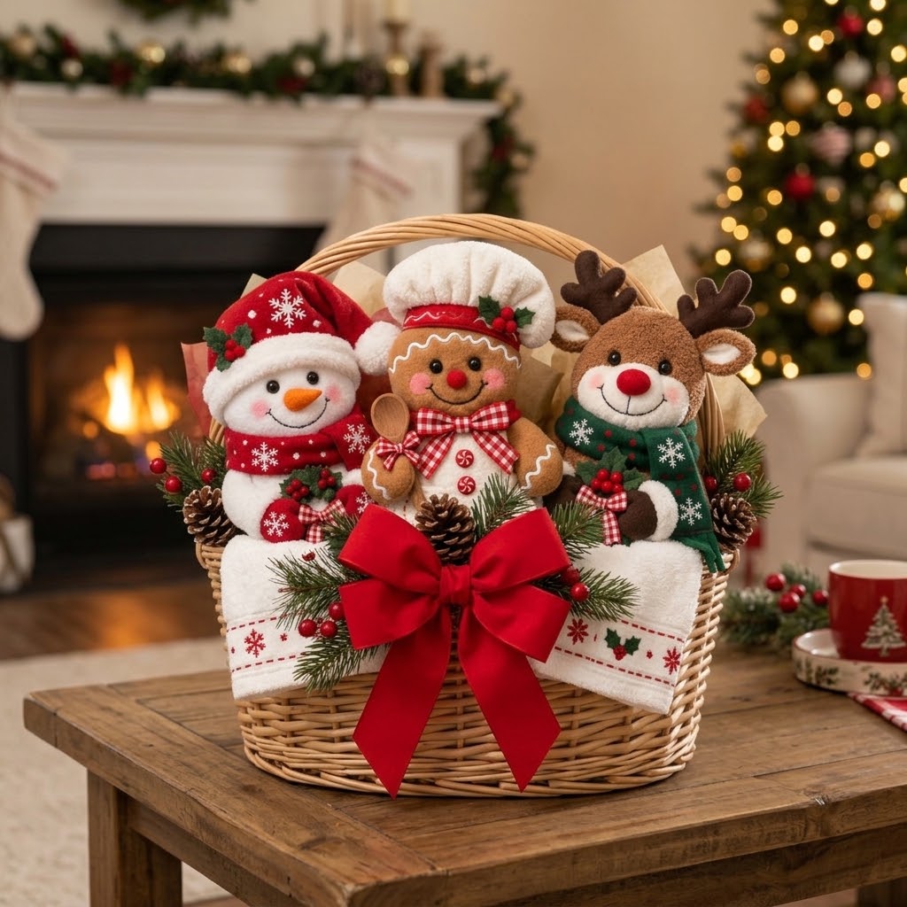 🎄 Christmas Hanging Kitchen Towel, Snowman Gingerbread Reindeer Decorative Hand Towel