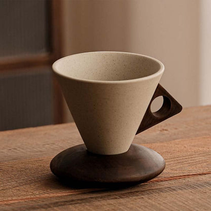 ☕ Handmade Ceramic Pour Over Coffee Dripper with Wooden Handle & Base