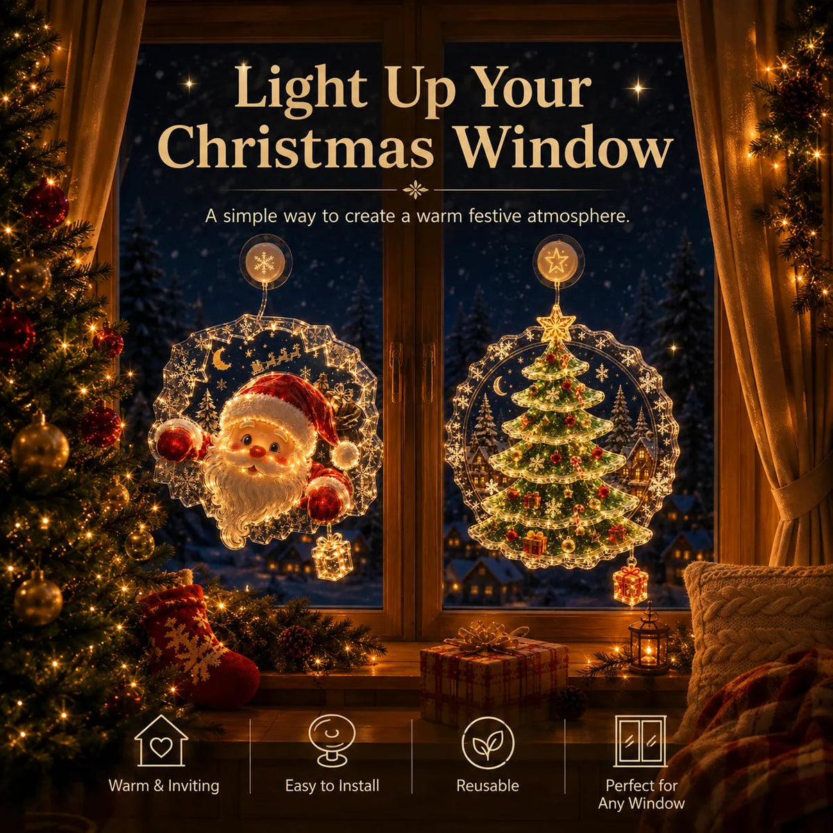 🎄Lighted Christmas Window Decoration with Suction Cup | Warm LED Window Light with Double-Layer Design & Multiple Festive Styles ✨
