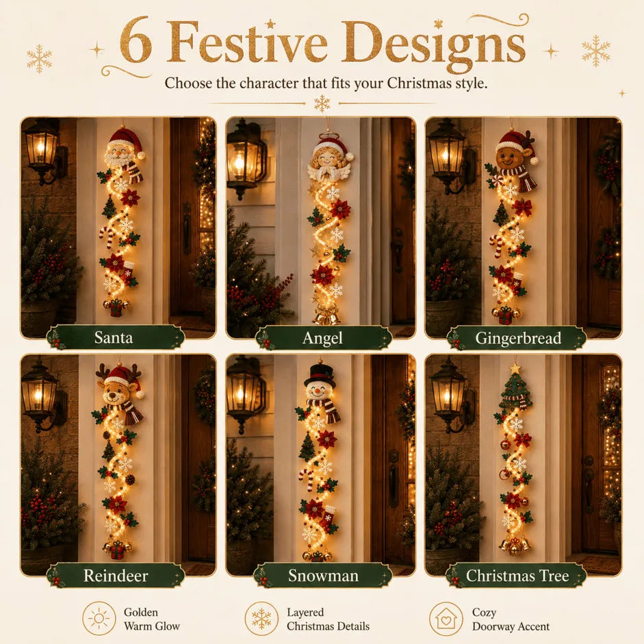 🎄Light-Up Glowing Christmas Door Hanger | 6 Festive Lighted Designs with Warm Glow, Dimensional Details & Space-Saving Vertical Décor ✨