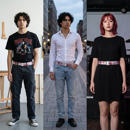 🩸Pixel‑Style Bloody Print Leather Belt | Unique Aesthetic Street‑wear Accessory