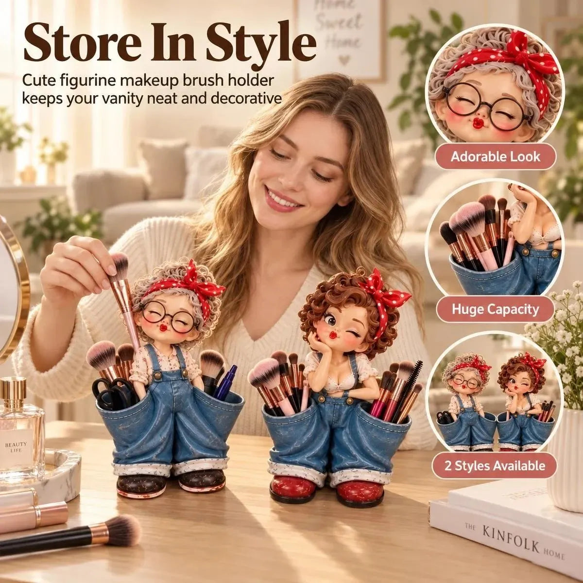 🌟Retro Girl Makeup Brush Holder – Cute Vintage Vanity Organizer