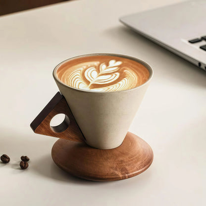 ☕ Handmade Ceramic Pour Over Coffee Dripper with Wooden Handle & Base