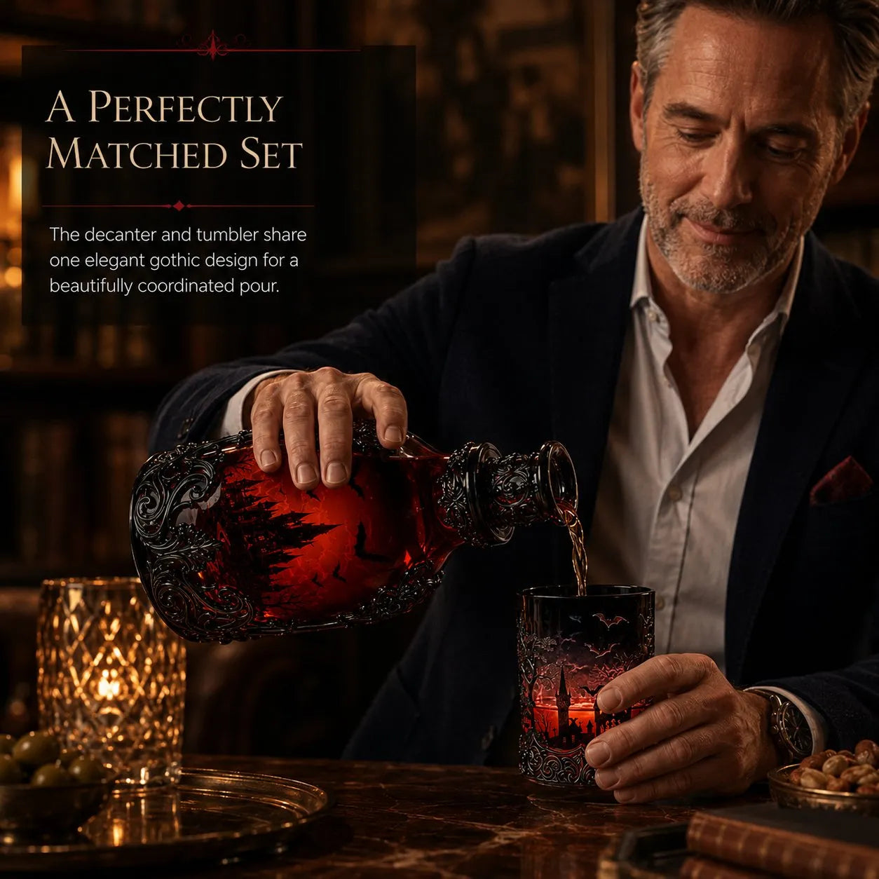 🦇 Gothic Vampire Castle Decanter & Tumbler – Dark Elegance Barware for Whisky Lovers
