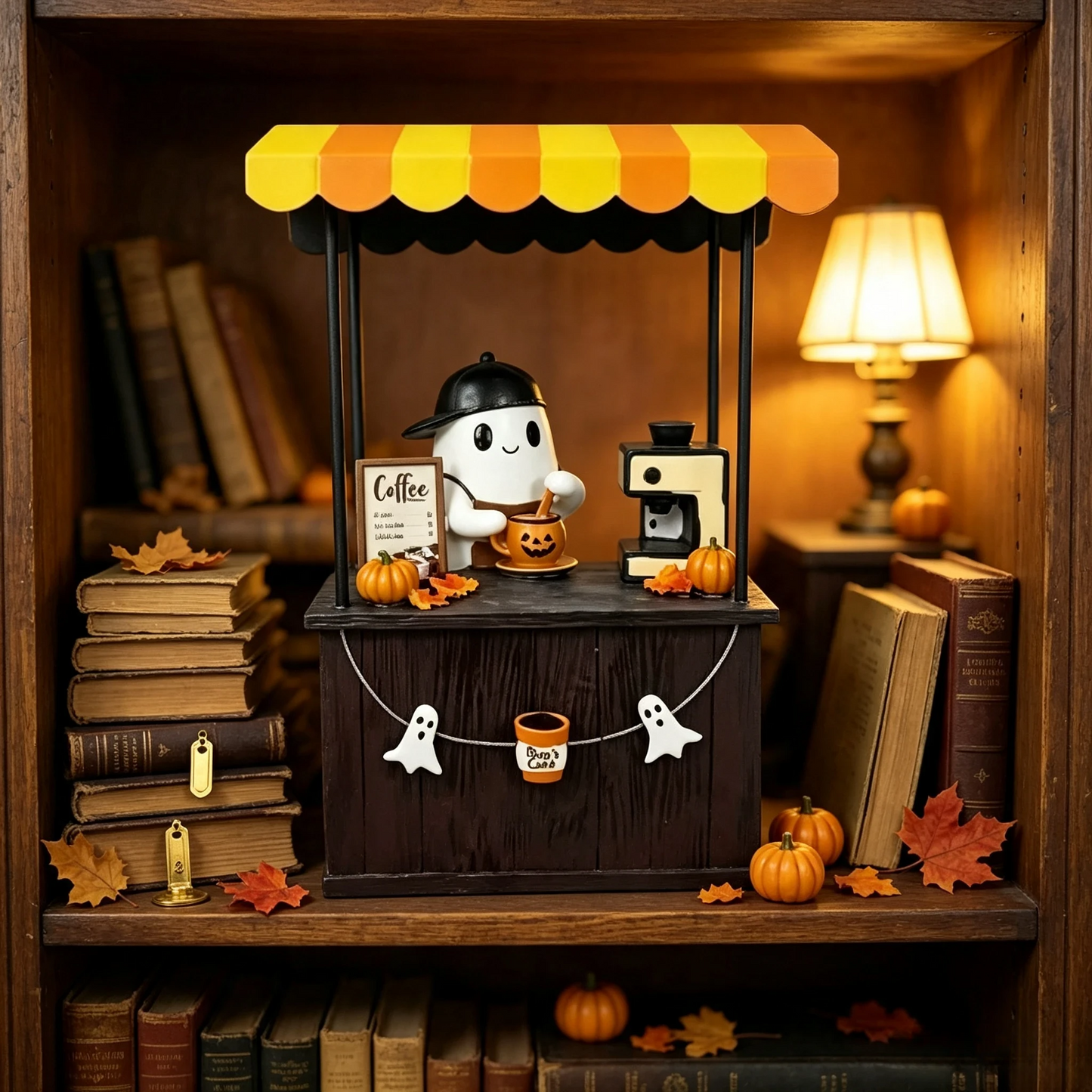 🎃 Cute Ghost Coffee Stand Figurine – Resin Halloweena Tabletop Decor with Mini Barista Bar, Perfect Fall Gift