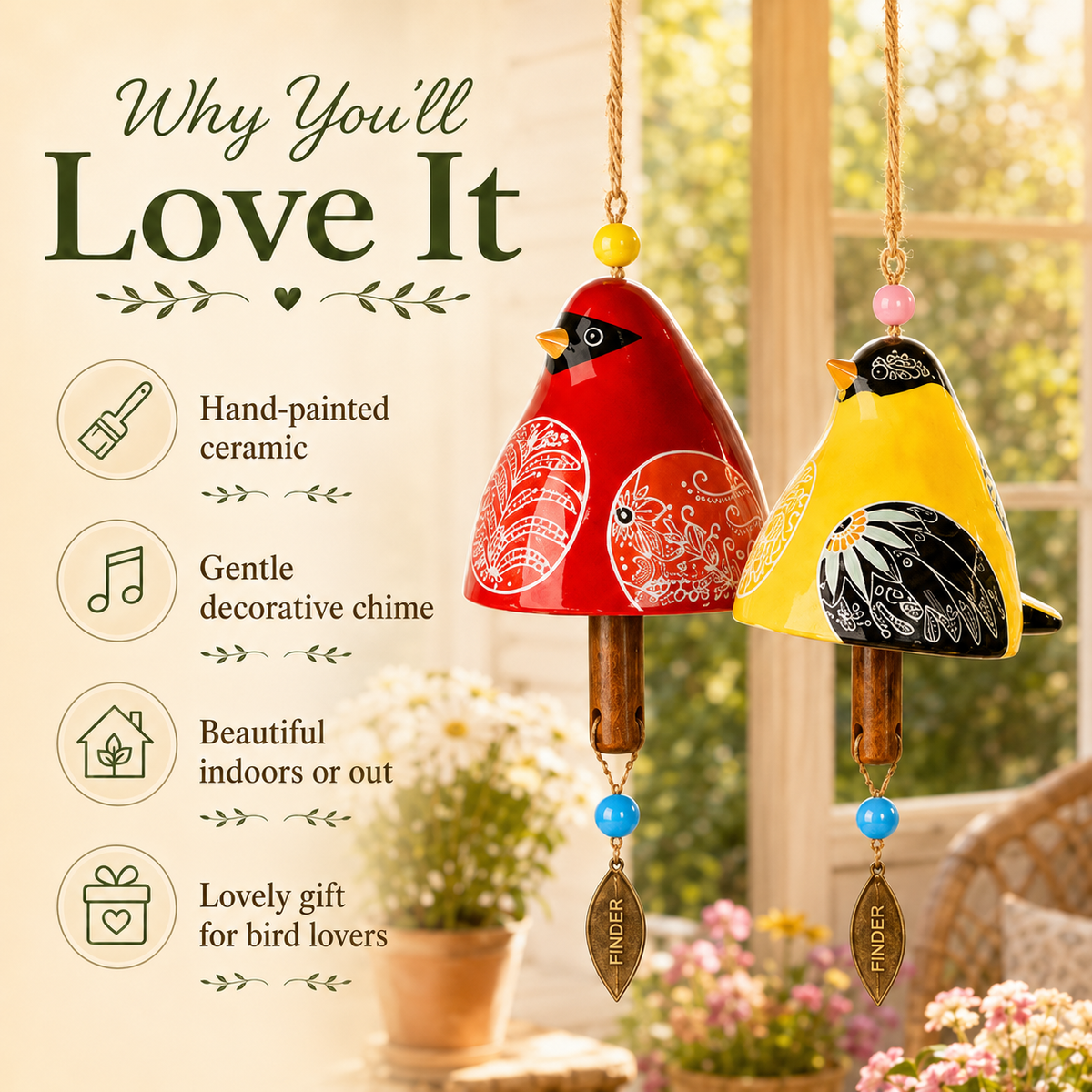 ✨ Hand-Painted Resin Bird Wind Chime, Colorful Folk Art Garden Hanging Decor