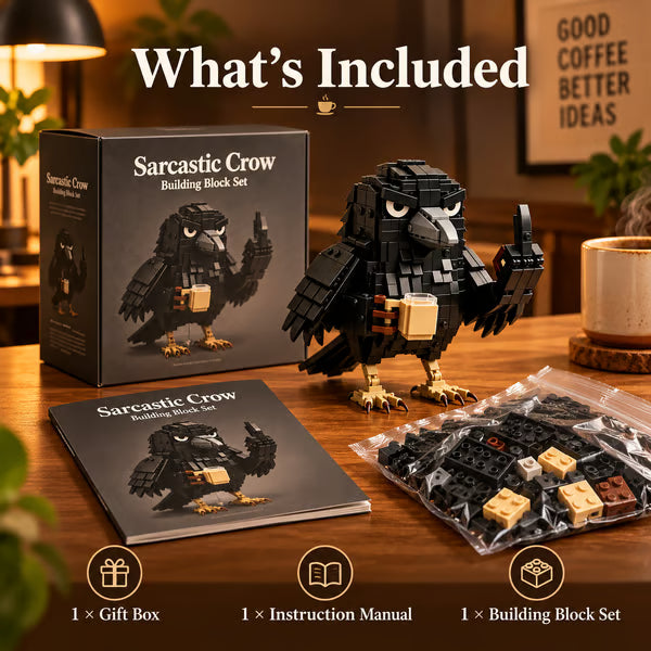☕ Sarcastic Coffee Crow Building Set – Funny Crow Desk Decor & Unique Gift for Coffee Lovers 🐦‍⬛