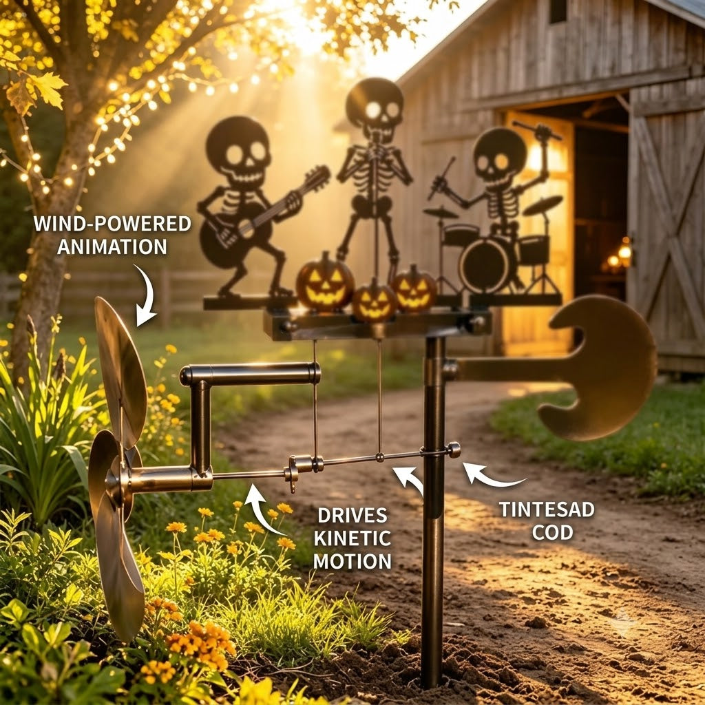 Halloween Skeleton Metal Drummer Kinetic Wind Spinner