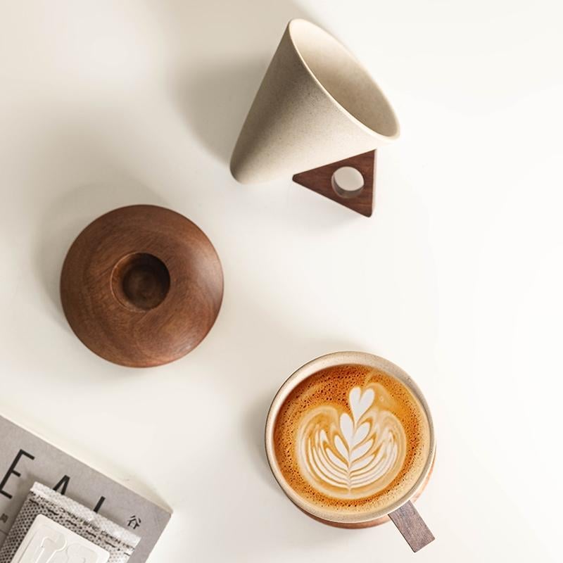 ☕ Handmade Ceramic Pour Over Coffee Dripper with Wooden Handle & Base