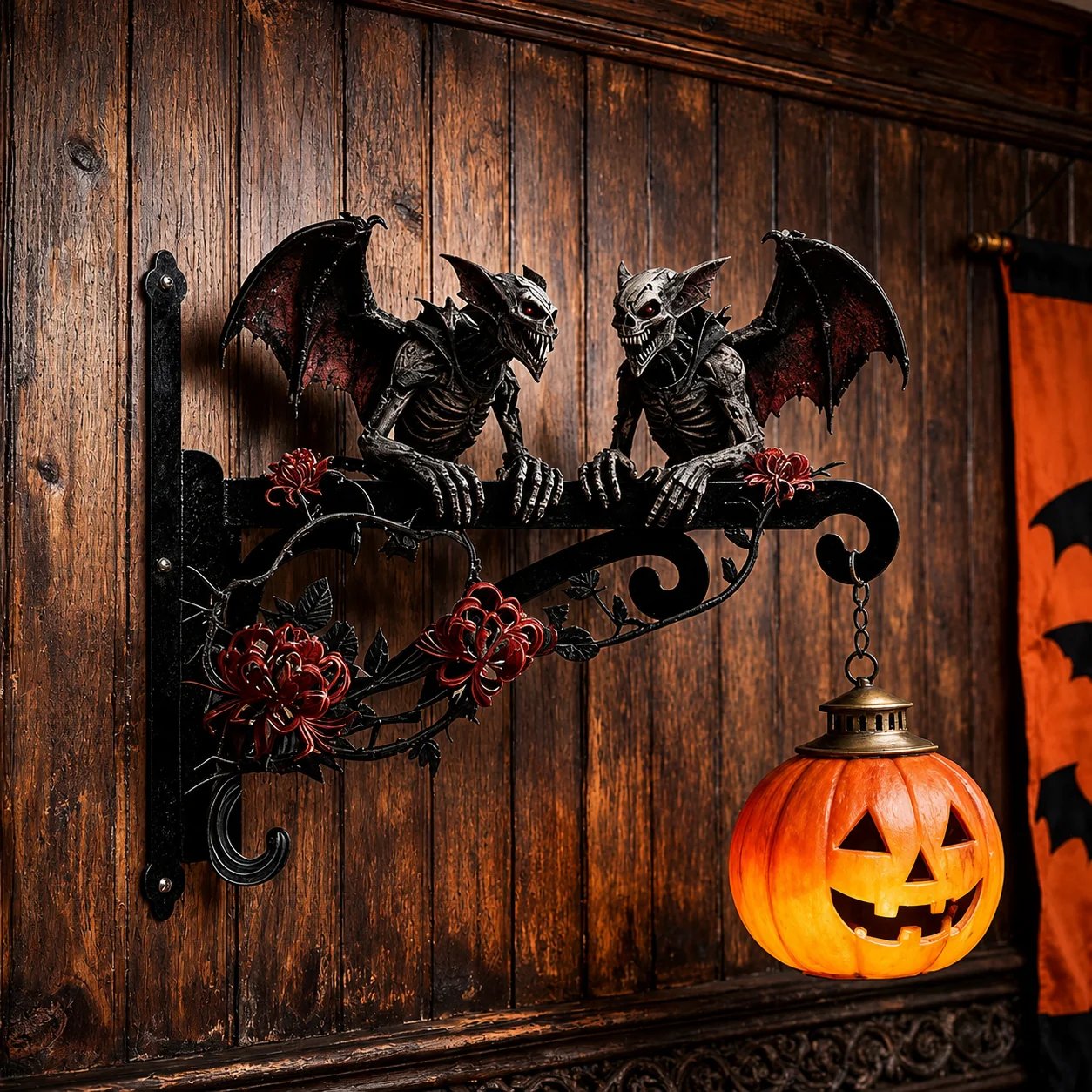 🎃🦇Hanging Halloween Skull Gargoyle Decoration - Spooky Outdoor Metal Hanger For Porch & Garden Decor