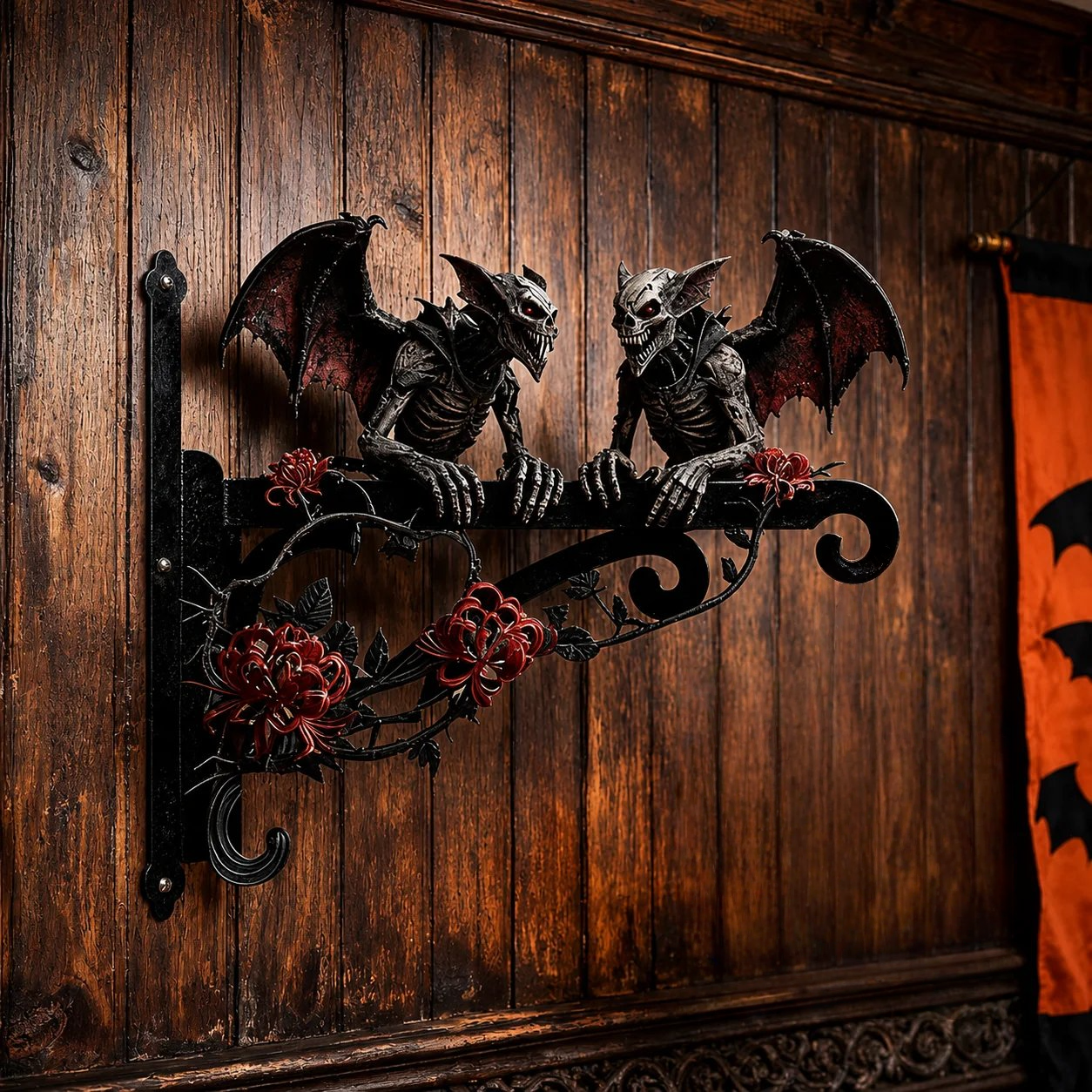 🎃🦇Hanging Halloween Skull Gargoyle Decoration - Spooky Outdoor Metal Hanger For Porch & Garden Decor
