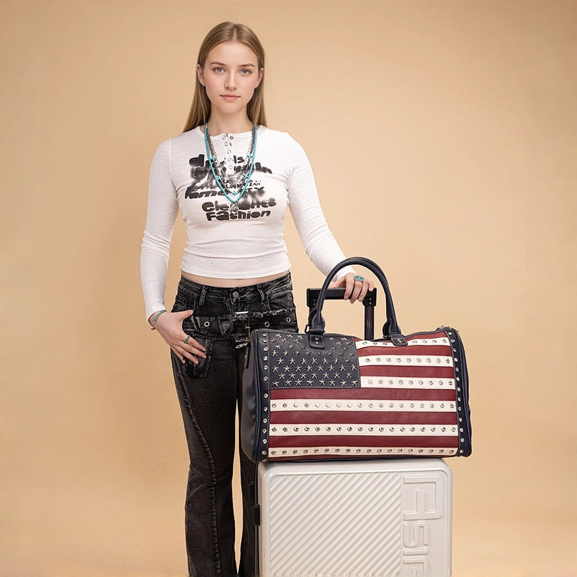 🎒 American Flag Studded Duffle Weekender Bag